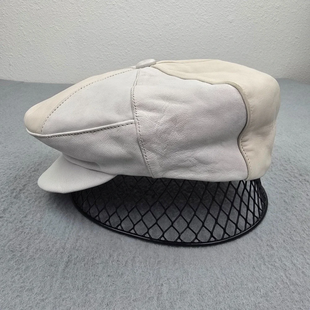 Echtes Leder Newsboy Baker Boy Cap Mens Small Gray Beige Casual Streetwear